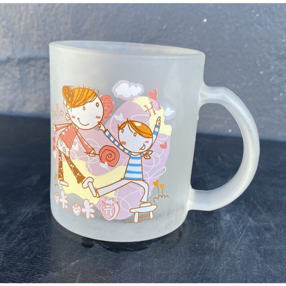 Frosted Glass Mug  Cartoon Mom And Girl Saying Hello And Hi Hearts Flowers